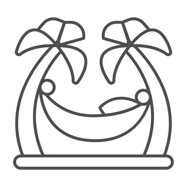 Vector illustration of Hammock between palm trees thin line icon, waterpark concept, beach hammock sign on white background, man relaxing on hammock between two palms icon in outline style for mobile. Vector graphics.