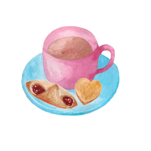 illustrazioni stock, clip art, cartoni animati e icone di tendenza di caffè in tazza e piattino, con bagel e biscotti, isolati su sfondo bianco. - marmalade baked biscuit brown