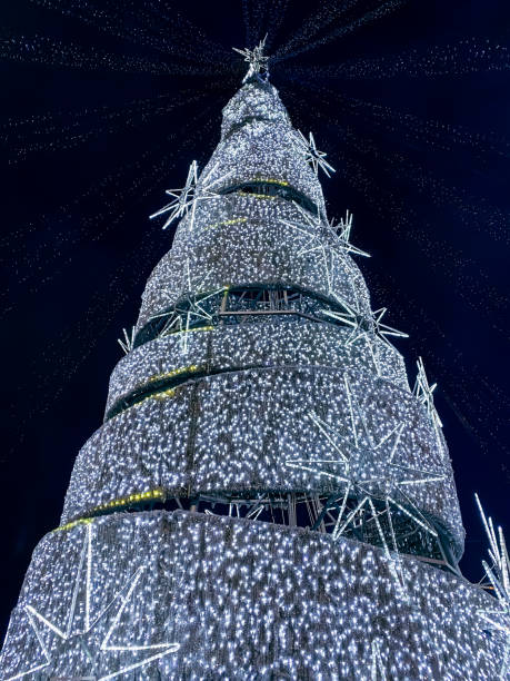 istock christmas tree decorated with festive lights against night sky background 1290013838