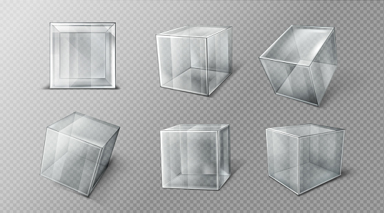 Plastic or glass cube in different angle view, clear square box, crystal block, aquarium or exhibit podium, glossy geometric object isolated on transparent background, Realistic 3d vector illustration