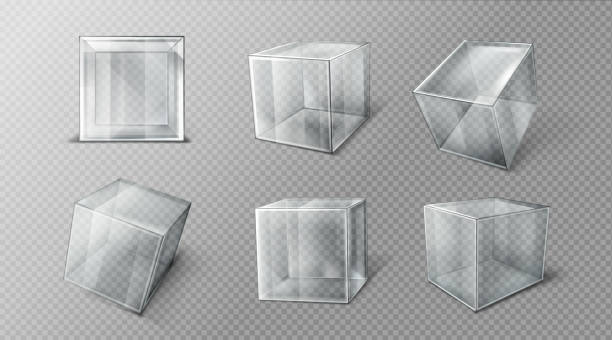 Plastic or glass cube in different angle view set Plastic or glass cube in different angle view, clear square box, crystal block, aquarium or exhibit podium, glossy geometric object isolated on transparent background, Realistic 3d vector illustration cube shape stock illustrations