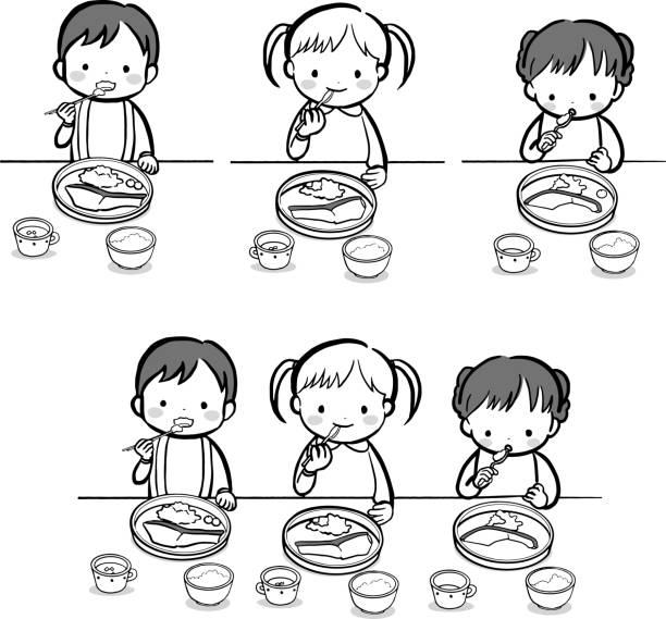 The children are eating lunch. Illustration for nursery teacher. black and white anime girl stock illustrations
