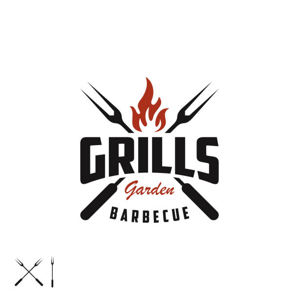 BBQ, barbecue, grill and bar, label, badge Retro Vintage Grill with crossed fork and fire flame for Barbeque barbecue bbq design chef cooking flames stock illustrations