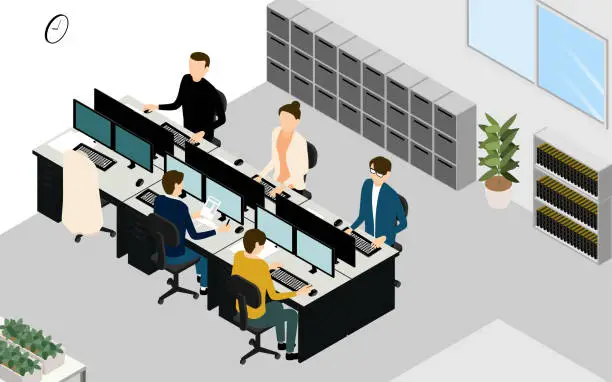 Vector illustration of Scenery of working while ventilating in the office, isometric