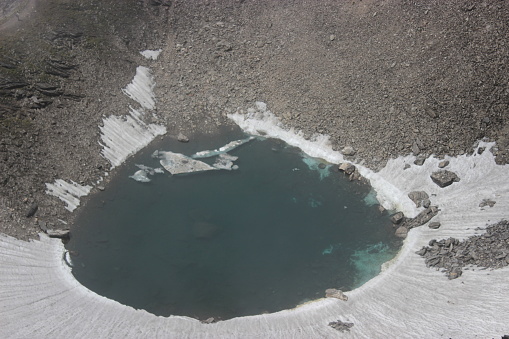 View of roopkund lake also known as skelton lake or mysterious lake in uttarakhand, india.