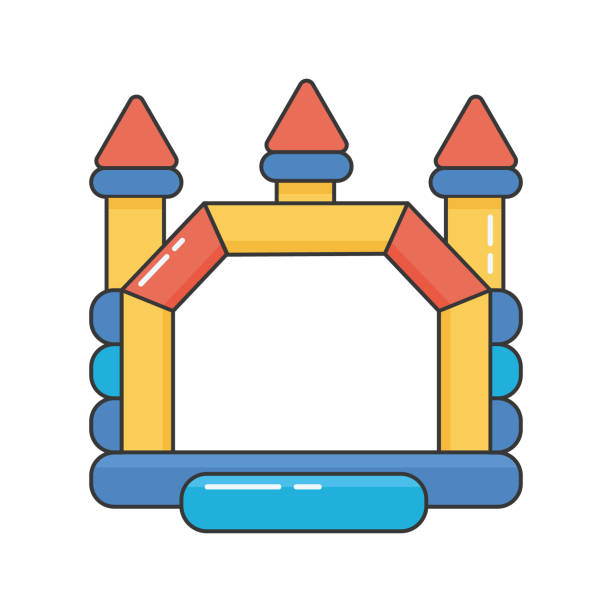 illustrazioni stock, clip art, cartoni animati e icone di tendenza di castello gonfiabile gonfiabile gonfiabile. torre e attrezzature per parco giochi per bambini. illustrazione della linea di colore vettoriale - inflatable castle play playground