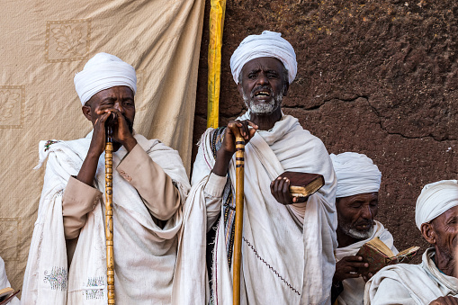 Lalibela, Ethiopia - Feb 13, 2020: Ethiopian people at the Bet Maryam Church, St. Mary Church in Lalibela, Ethiopia Africa