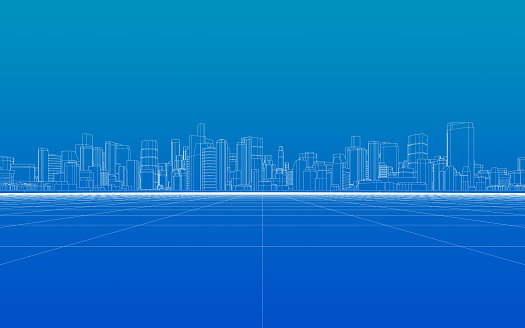 3d rendering of abstract wireframe cityscape with a blue gradient background.