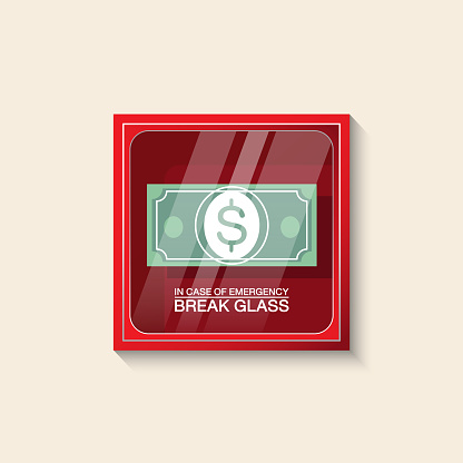 VECTOR EPS10 - red emergency box and banknote dollar sign with text
in case of emergency break glass on front, isolated on cream background.