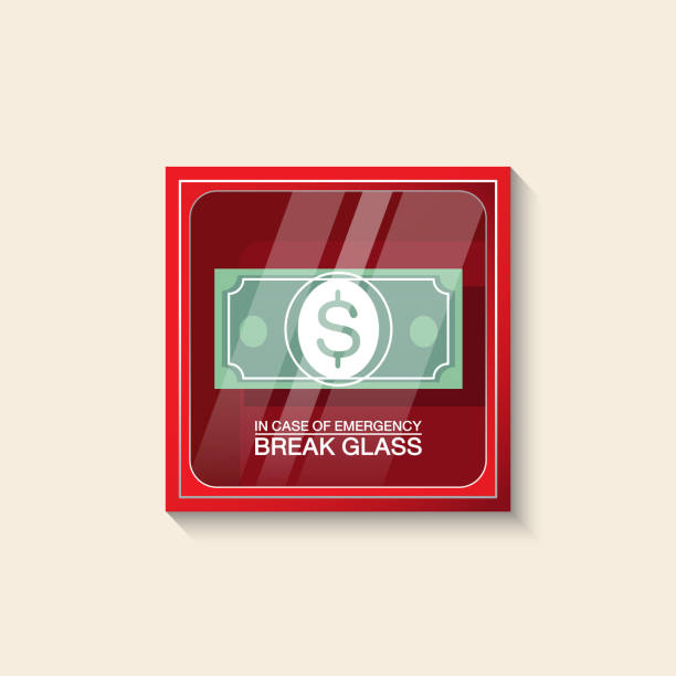 emergency box concept VECTOR EPS10 - red emergency box and banknote dollar sign with text
in case of emergency break glass on front, isolated on cream background. emergency break glass box stock illustrations