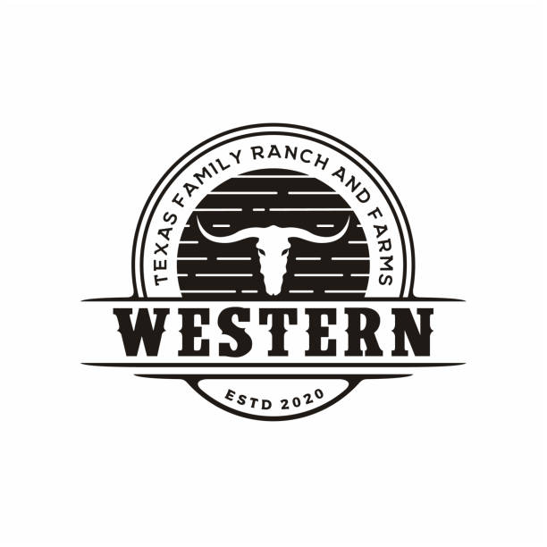 illustrazioni stock, clip art, cartoni animati e icone di tendenza di texas longhorn, country western bull cattle vintage label design - texas longhorn cattle horned cattle farm