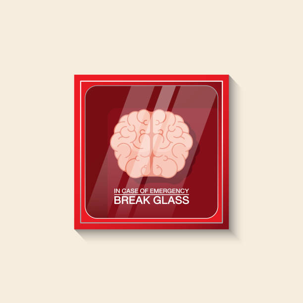 emergency box concept VECTOR EPS10 - red emergency box and brain inside with text
in case of emergency break glass on front,
When you encounter problems use wisdom concept, isolated on cream background. emergency break glass box stock illustrations