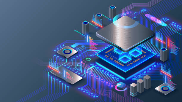 CPU. Chip. Processor. Motherboard. Technology electronic. Microchip, microprocessor. CPU. Abstract digital chip computer processor and electronic components on motherboard or circuit board. Technology develop electronic devices on microchip or microprocessor, hardware engineering. AI. semiconductor stock illustrations