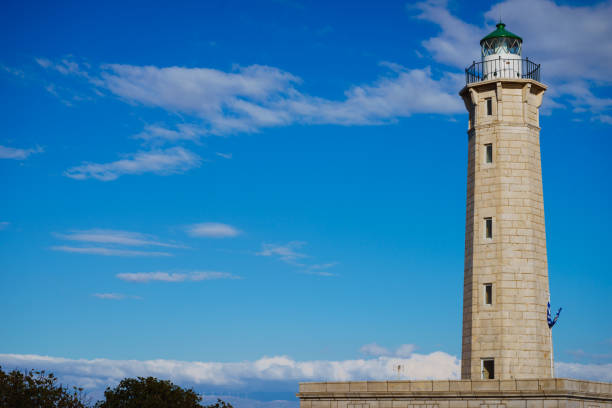 Lighthouse near Gythio against blue sky. Laconia Peloponnese Greece