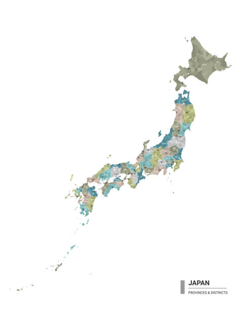 일본 은 세분화와 상세한지도를 higt. 지구와 도시 이름으로 일본의 행정지도, 주 및 행정 지구에 의해 착색. 벡터 그림입니다. - tohoku region stock illustrations