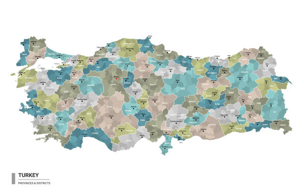 illustrazioni stock, clip art, cartoni animati e icone di tendenza di turchia higt mappa dettagliata con suddivisioni. mappa amministrativa della turchia con il nome di distretti e città, colorata da stati e distretti amministrativi. illustrazione vettoriale. - yalova