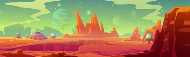 Landscape of Mars surface with colony base Landscape of Mars surface with colony base. Vector cartoon futuristic illustration of alien red planet surface with dome building, mountains, moon and stars in sky. Galaxy exploration and colonization mars stock illustrations