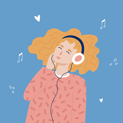 Redhead teenage hipster girl listening to music with headphones. Trandy hand drawn style. Vector illustration