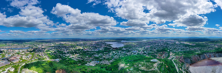 Wide-angle panorama of typical provincial city in Russia. View from above