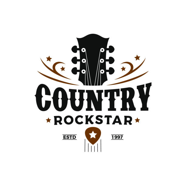 vintage retro klasyczna muzyka country, gitara vintage retro logo design - gitara akustyczna obrazy stock illustrations