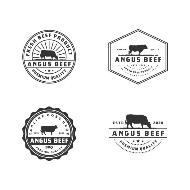 illustrations, cliparts, dessins animés et icônes de ensemble d’illustration de vector d’étiquette de viande de bœuf d’angus de bétail de cru - illustration de stock indonésie, bétail, angus, vache, bétail, logo - ranch