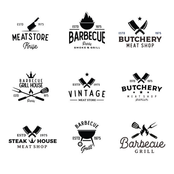 illustrations, cliparts, dessins animés et icônes de ensemble de rétro vintage barbecue barbecue barbecue grill vector illustration - illustration stock indonésie, barbecue grill, barbecue - repas, logo, icône - barbecue grill chef barbecue sausage