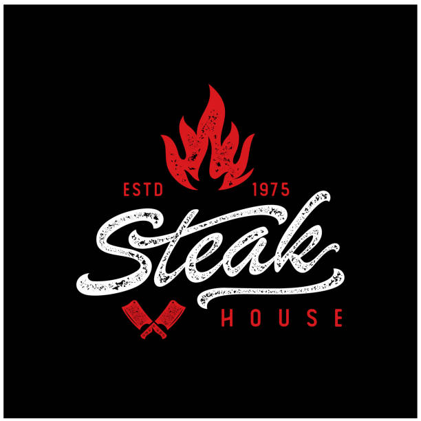 Steak house logo with fire and Crossed Knife stock illustration Text, Cooking, Restaurant, Symbol, Logo Steak house with fire flame and crossed cleavers in vintage rustic grunge style. Hand drawn engraved bonfire or burn sketch. Vector logo design bbq logos stock illustrations