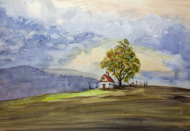 istock Watercolor handmade painting landscape with hills, small chapel building and tree 1290041100
