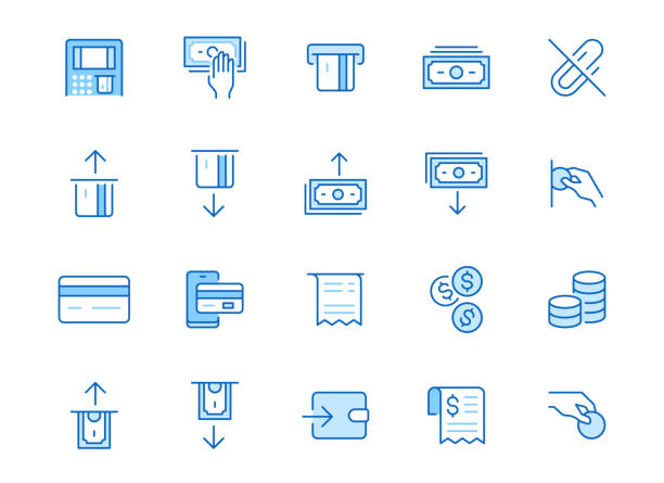 Atm machine line icon set. Withdraw money, deposit, hand taking cash, receipt minimal vector illustration. Simple outline signs for payment terminal application. Blue color, Editable Stroke Atm machine line icon set. Withdraw money, deposit, hand taking cash, receipt minimal vector illustration. Simple outline signs for payment terminal application. Blue color, Editable Stroke. exchange teller stock illustrations
