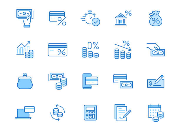 ilustrações de stock, clip art, desenhos animados e ícones de money loan line icon set. credit score, low interest, discount card, mortgage percent, tax minimal vector illustration. simple outline signs for bank application. blue color, editable stroke - cheap currency coin finance