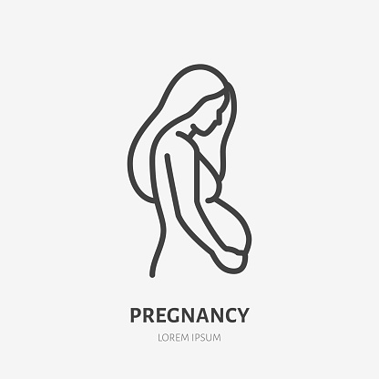 Pregnancy flat line icon. Vector outline illustration of pregnant woman. Black color thin linear sign for gynecologist.