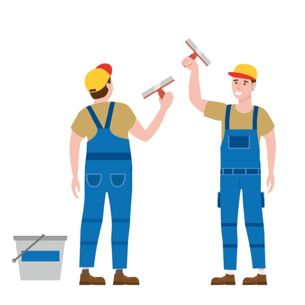 ilustrações de stock, clip art, desenhos animados e ícones de construction worker with plastering trowel tool in workwear. back and front view craftsman character vector isolated - plaster plasterboard trowel construction worker