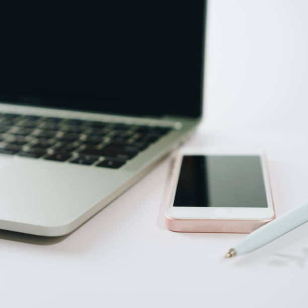 istock Laptop with white blank screen isolated on white background with small plant  and gadget decorate on working desk. 1290042409