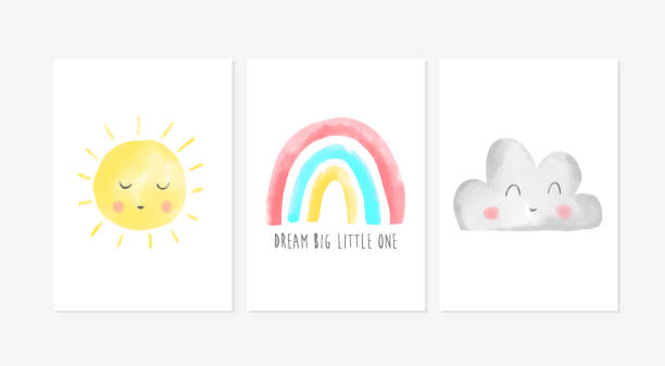 Cute posters with cloud, rainbow, and sun vector prints for baby room, baby shower, greeting card, kids and baby t-shirts, and wear. Hand drawn nursery Cute posters with cloud, rainbow, and sun vector prints for baby room, baby shower, greeting card, kids and baby t-shirts, and wear. Hand drawn nursery dag stock illustrations