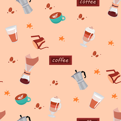 Cafe pattern. Cartoon vector illustration. Сute, colored coffee-themed pattern.
