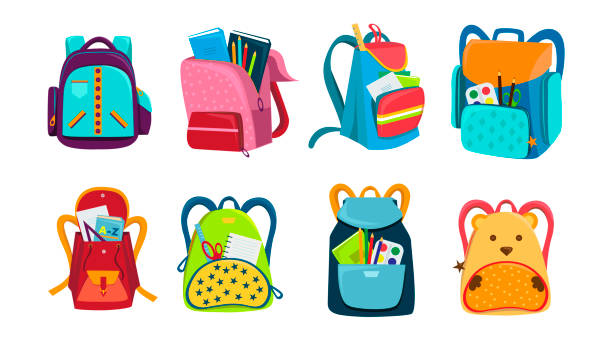 Colored school backpacks set. Backpacks with school supplies, notebooks, pencils, pens, rulers, scissors, paper. Education and study back to school, schoolbag luggage, rucksack vector illustration Colored school backpacks set. Backpacks with school supplies, notebooks, pencils, pens, rulers, scissors, paper. Education and study back to school, schoolbag luggage, rucksack vector illustration satchel stock illustrations