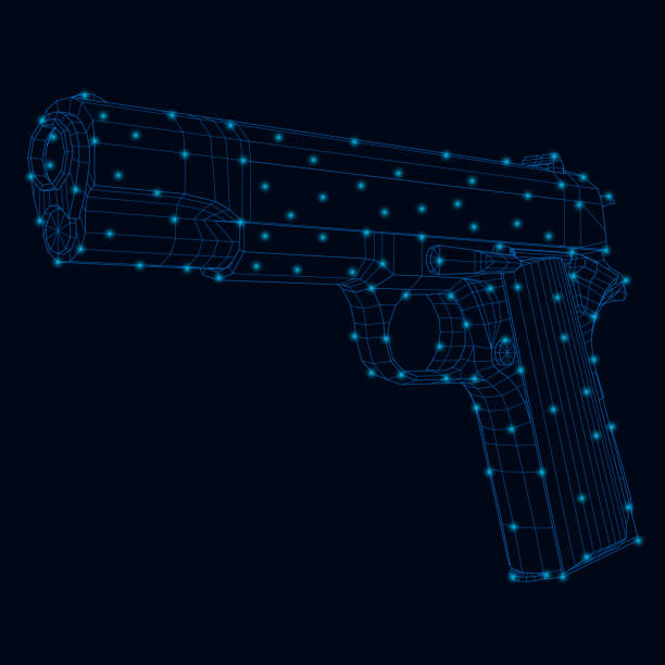 ilustraciones, imágenes clip art, dibujos animados e iconos de stock de estructura alámbrica de una pistola hecha de líneas azules sobre un fondo oscuro con luces brillantes. 3d. ilustración vectorial - gun violence