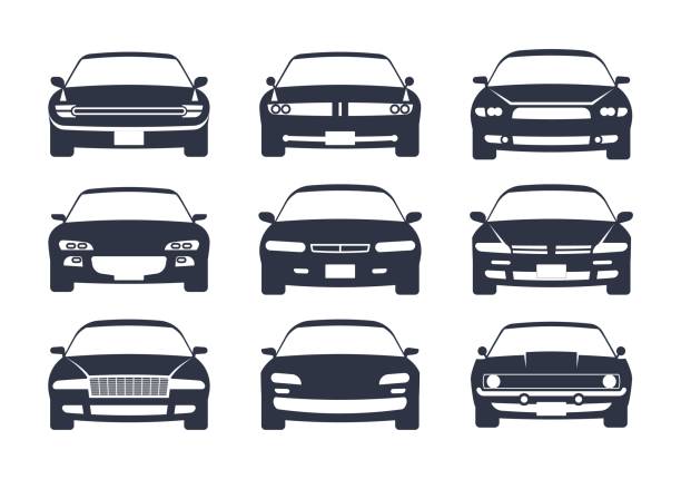 Car black silhouette. Cars front view icon set, vehicle monochrome mockup, regular sedan auto for family, race or different services, automobile pictogram vector illustration Car black silhouette. Cars front view icon set, vehicle projection monochrome mockup, regular sedan auto for family, race or different services, automobile pictogram vector isolated illustration sedan stock illustrations