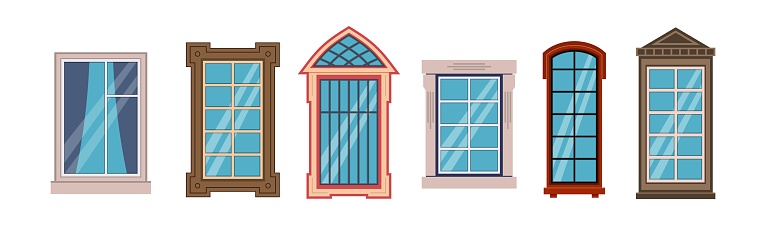 ✓ Imagen de Marcos de ventanas de dibujos animados. Colorido varios  conjunto de madera y plástico de oficina, ventana de casa o tienda,  colección de edificios con vista frontal al aire libre,