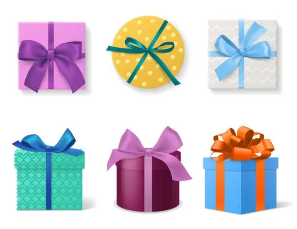 Vector illustration of Different colors gift boxes. Realistic 3d cardboard holiday decor packaging with colorful ribbons and bows, top and side view. Birthday, christmas or valentine day presents vector set