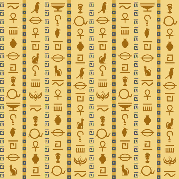 altes ägypten. ägyptische hieroglyphen nahtlose muster, antike elemente und symbole, historischen hintergrund, pyramiden grafik, dekor textil, verpackung papier tapete vektor textur - hieroglyphenschrift stock-grafiken, -clipart, -cartoons und -symbole