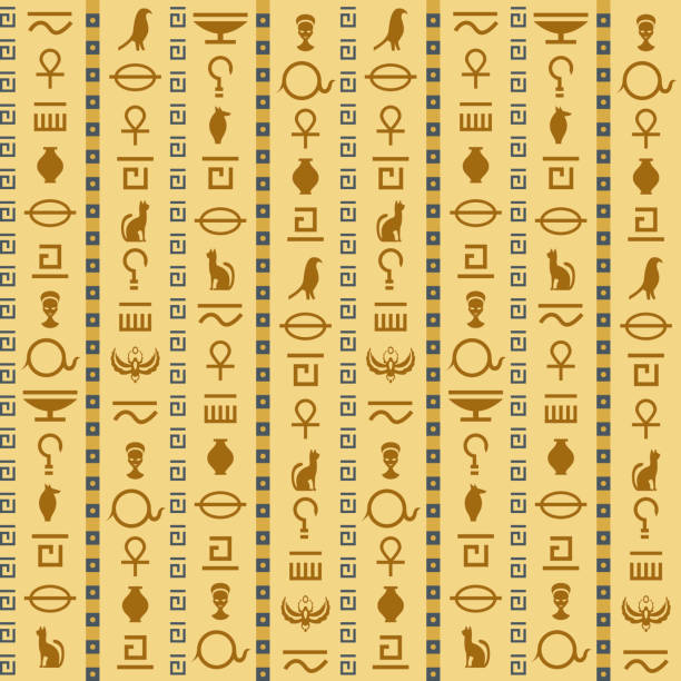 illustrations, cliparts, dessins animés et icônes de egypte ancienne. hiéroglyphes égyptiens modèle sans couture, éléments et symboles antiques, fond historique, pyramides graphiques, textile de décor, texture vectorielle de papier d’emballage de papier peint - hiéroglyphes