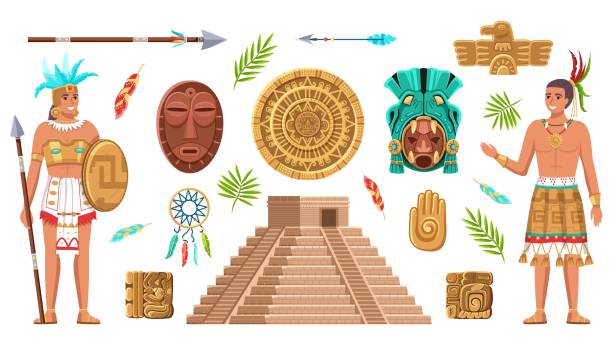 ilustraciones, imágenes clip art, dibujos animados e iconos de stock de cultura de la civilización maya. arte antiguo incas y azteca, artefactos étnicos, pueblo indio, patrimonio histórico y monumentos, máscaras de religión y dibujos animados vectoriales piramid aislados - dibujos aztecas