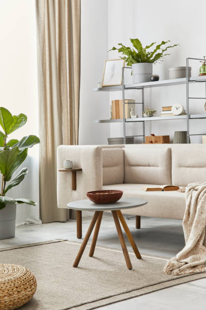 istock Cozy interior with stylish sofa, grey coffee table, bookcase, plants, carpet, decoration, beige macrame and elegant personal accessories. Neutral living room in classic house. Template. 1290048882