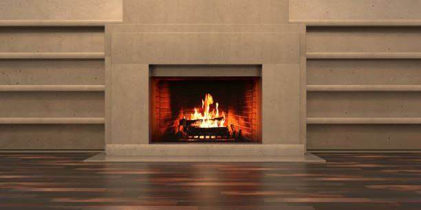 istock Burning fireplace, cozy home interior. 3d illustration 1290050339