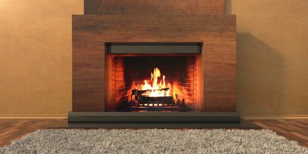 istock Burning fireplace, cozy home interior. 3d illustration 1290050354