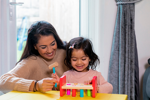 A mid adult woman and her toddler daughter playing with an early learning toy to develop the little girls motor skills. They are in their living room and wearing casual clothing.