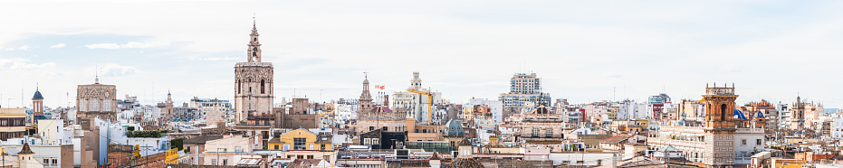 Panoramic view across the rooftops and landmarks of central Valenica, Spain.