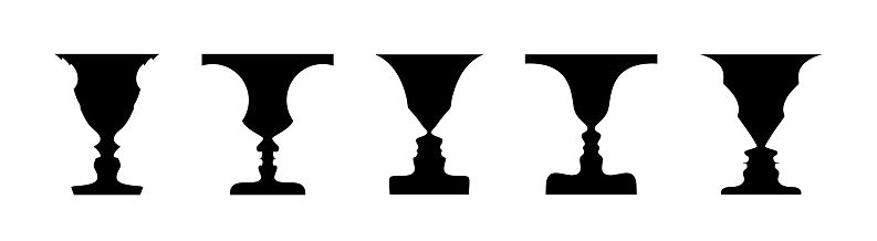 Optical illusion set with vase and face profile silhouettes. Gestalt psychology test identifying goblet figure or human profile from background