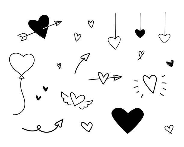 illustrazioni stock, clip art, cartoni animati e icone di tendenza di una serie di graziose illustrazioni di doodle del cuore con varie varianti - arrow heart shape isolated on white valentines day